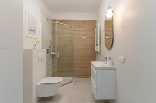 y baño con aseo, lavabo y ducha. en Sea View Premium Apartment I PARKING - Widok na morze en Gdynia