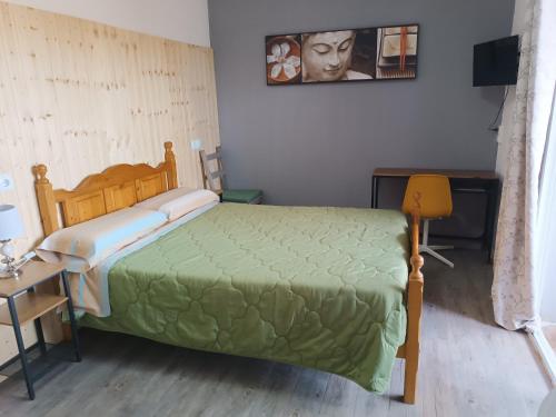 a bedroom with a bed with a green comforter at Hostal Bélgica in Palmanova