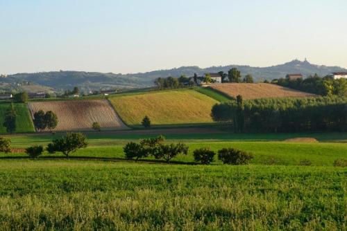 a green field with trees and hills in the background at Cascina Manu in Rosignano Monferrato