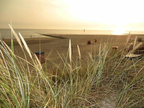 a beach with a view of the ocean and some grass at Villa Daheim in Borkum
