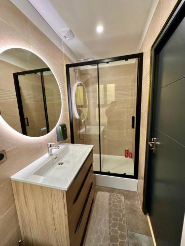une salle de bain avec un lavabo et une douche avec un miroir dans l'établissement Les appartements du Palais, à Carcassonne