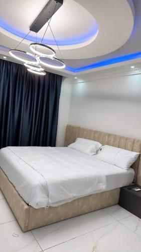 1 dormitorio con 1 cama grande y techo en Bash luxury apartments, en Freetown