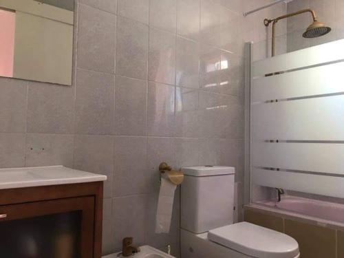 a bathroom with a toilet and a sink and a mirror at Chalet entre playas in Oropesa del Mar