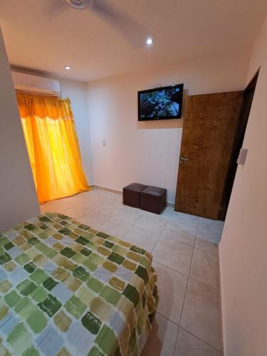 um quarto com uma cama e uma televisão na parede em ALOJAMIENTO NORTE 1 em Santiago del Estero