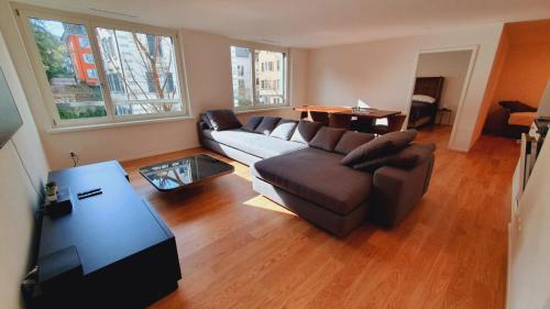 a living room with a couch and a table at DHG Luxury Apartments Zurich-Wollishofen in Zurich