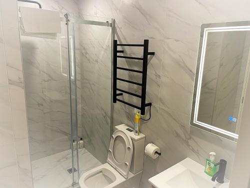 a bathroom with a toilet and a glass shower at Flat Bush Holiday Accomodation in Auckland