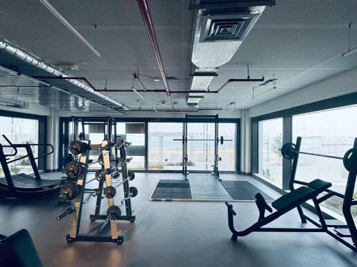 a gym with several tread machines in a room with windows at Dutch Luxury Apartment - Private Beach in Abu Dhabi