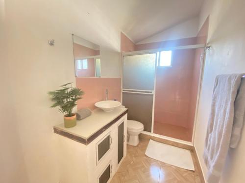 a bathroom with a sink and a toilet and a shower at Hacienda Iguana Surf & Golf in Tola