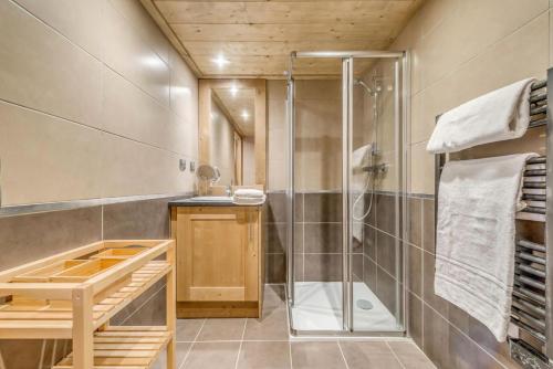 La salle de bains est pourvue d'une douche et d'une cabine de douche en verre. dans l'établissement Résidence Les Balcons EtoilÉs - Appartement 4 au pied des pistes MAE-3258, à Champagny-en-Vanoise