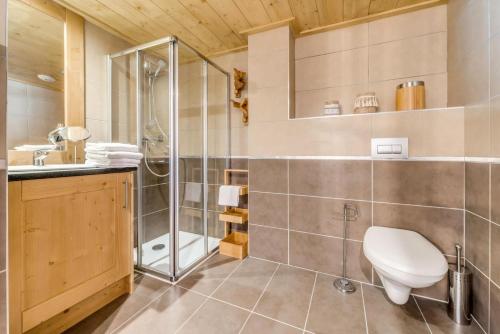 uma casa de banho com um chuveiro, um WC e um lavatório. em Résidence Les Balcons EtoilÉs - 2 Pièces pour 4 Personnes 193273 em Champagny-en-Vanoise