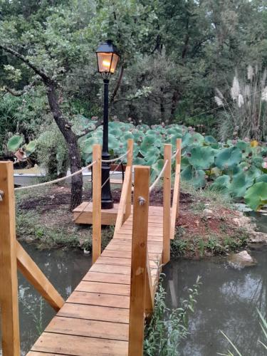 a wooden bridge over a river with a light pole at Domaine d'Avalon in Lorgues