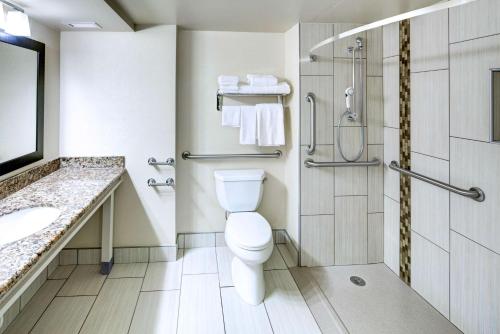 a bathroom with a toilet and a shower at DoubleTree by Hilton Madison Downtown in Madison