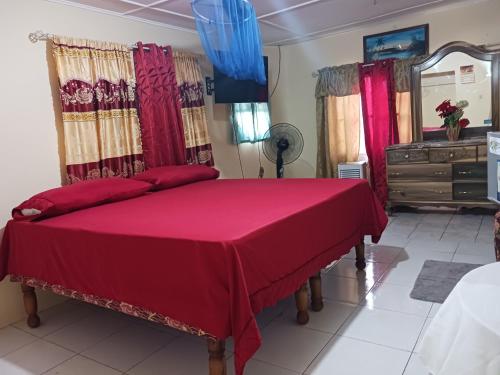 a bedroom with a red bed and a mirror at Tina's Guest House in Ocho Rios