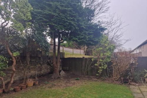 a retaining wall with a tree in a yard at Majestic! Beautiful home in a posh neighbourhood in Liverpool