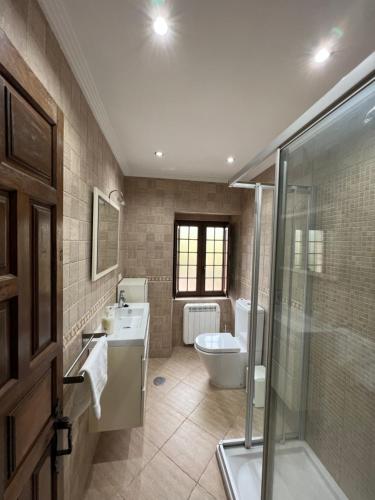 W łazience znajduje się umywalka, toaleta i prysznic. w obiekcie Apartamento El rincón del Gato w mieście Santillana del Mar