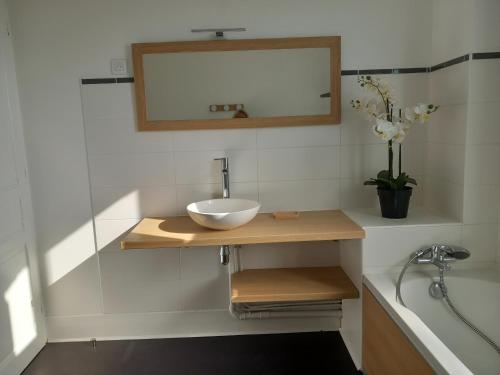 une salle de bain avec un lavabo et un miroir dans l'établissement Le Briquet d'Artois, à Domqueur