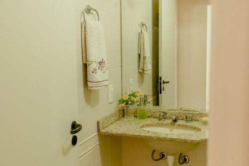 La salle de bains est pourvue d'un lavabo et d'un miroir. dans l'établissement Residencial Porto da Brava, à Florianópolis