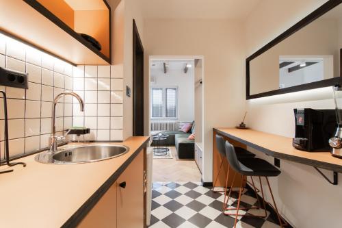 une cuisine avec un évier et un comptoir dans l'établissement Dimov Center Apartment, à Skopje