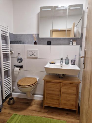 ein Bad mit einem Waschbecken und einem WC in der Unterkunft ruhige Privatzimmer im Apartment Natur Messe Zentral in Düsseldorf