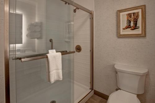 a bathroom with a glass shower with a toilet at Hampton Inn Austin East Side in Austin