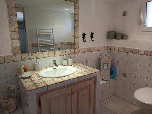 une salle de bain avec un lavabo, des toilettes et un miroir dans l'établissement Villa classée 5* 7 chambres piscine spa plage à 5', à Sainte-Lucie de Porto-Vecchio