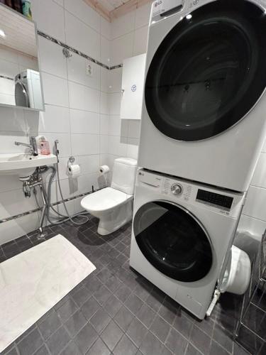 a washing machine in a bathroom with a toilet at Trekker's Haven: Noux National Park Retreat in Espoo