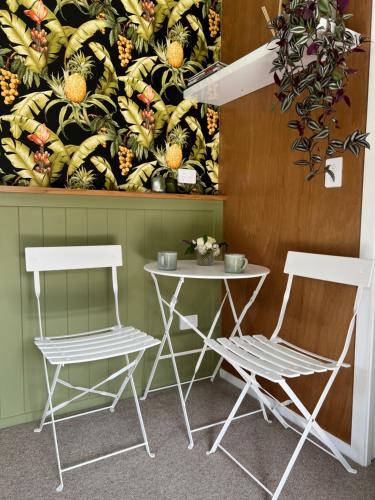 a table and two chairs next to a wall with a pineapple mural at Pyke Cottage, Clyde in Clyde