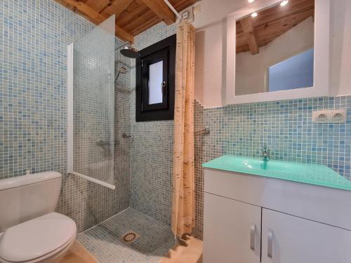 ein Bad mit einer Dusche, einem WC und einem Waschbecken in der Unterkunft Le Castelas in Boisset