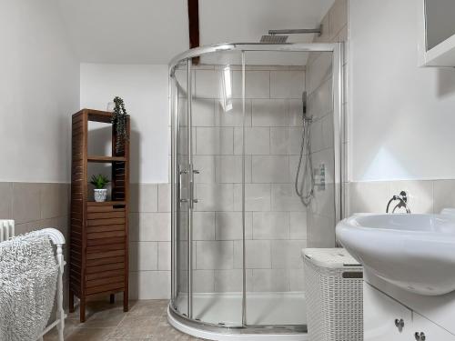 a bathroom with a glass shower and a sink at Clematis Cottage in Elton