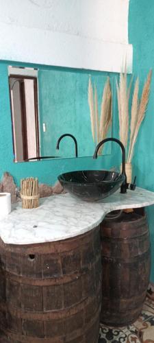 ein Badezimmer mit einem Waschbecken auf einem Fass in der Unterkunft Casa de Montaña Las Trancas in Villa Unión