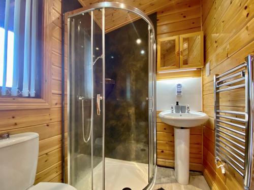 ein Bad mit einer Dusche und einem Waschbecken in der Unterkunft Pine Lodge - Uk46279 in Camerton