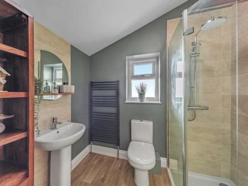uma casa de banho com um WC, um lavatório e um chuveiro em Snowdrop Cottage em Seahouses