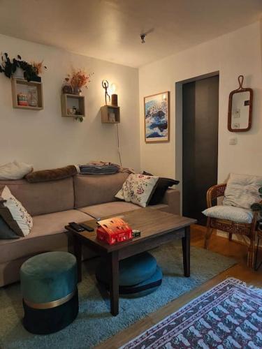 un salon avec un canapé et une table basse dans l'établissement Parfaite et confortable demeure, à Paris