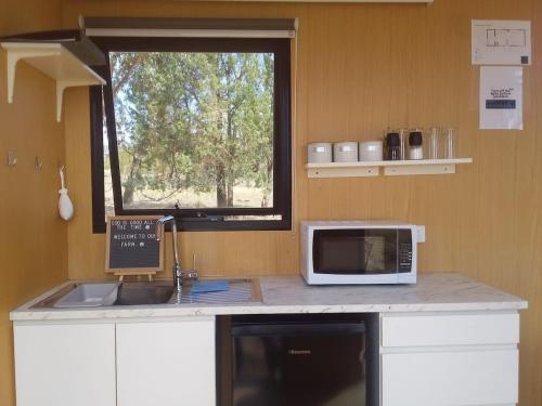 une cuisine avec un four micro-ondes et un évier ainsi qu'une fenêtre dans l'établissement Country Living, à Tullamore