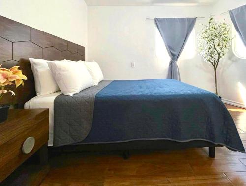 1 dormitorio con 1 cama con manta azul y ventana en Casa Geranio conveniente y funcional., en Cuernavaca