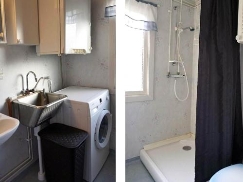2 Bilder eines Badezimmers mit Waschbecken und Waschmaschine in der Unterkunft Holiday home Uddevalla X in Uddevalla