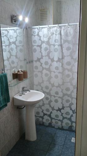 a bathroom with a sink and a shower curtain at House Las Heras in Las Heras