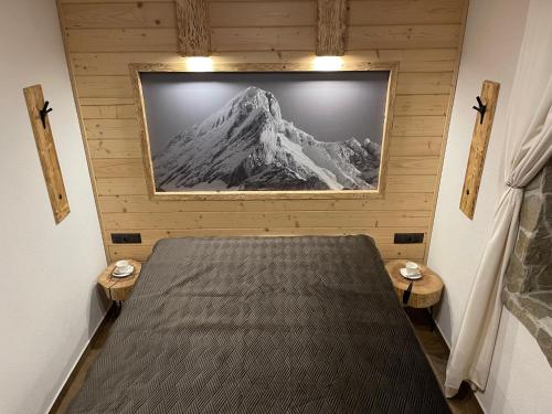 Habitación con cama con una foto de montaña en APARTAMENT ALPY, en Szlachtowa