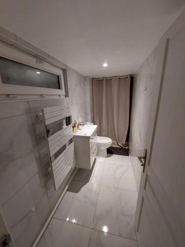 uma casa de banho branca com um lavatório e um WC em Livry09 Villa Dengous - Cozy Aéroport CDG Wifi 4 pers em Livry-Gargan