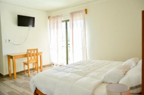 a bedroom with a bed and a desk and a television at Hotel BEMAR in La Trinitaria