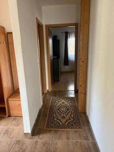 a hallway with a rug on a wooden floor and a door at Jendův domeček in Velká Jesenice