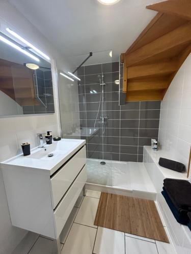 uma casa de banho com um lavatório branco e um chuveiro em Spacieux duplex à Folschviller 