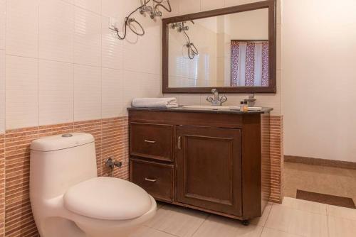 a bathroom with a toilet and a sink and a mirror at 3 Br Harrington Villa Kitchen Living room AC in Kasauli