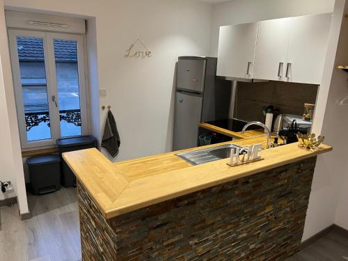 La cuisine est équipée d'un comptoir avec évier et d'un réfrigérateur. dans l'établissement Le cosy de la Dent du Chat - Classé 3 étoiles - Hyper centre Aix les Bains, à Aix-les-Bains