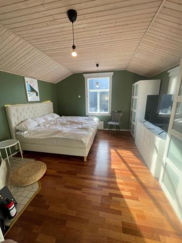 1 dormitorio con 1 cama y TV en Idyllinen puutaloasunto en Vaasa