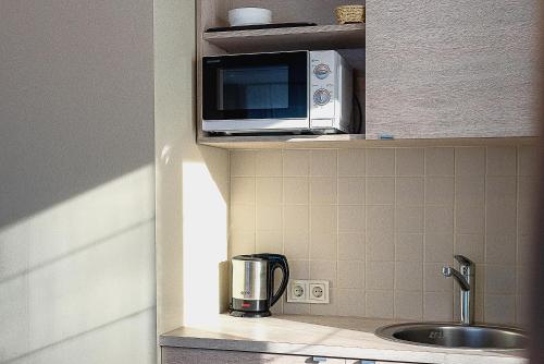 a microwave sitting on a shelf next to a sink at Nykščio Namai & SPA in Anykščiai