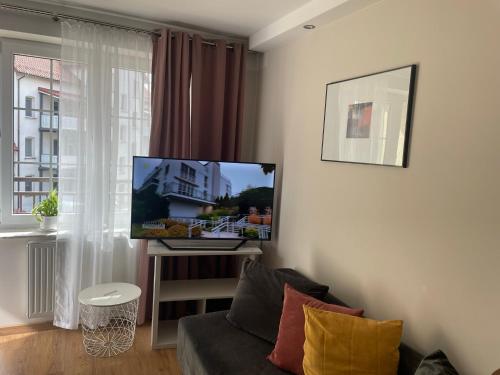 uma sala de estar com um sofá e uma televisão na parede em Apartament Agaciula em Krynica Morska