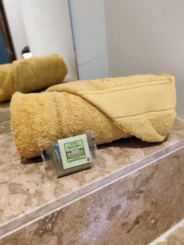 une couverture assise au-dessus d'une table dans l'établissement Le Mas d'Antonine, à Les Pilles