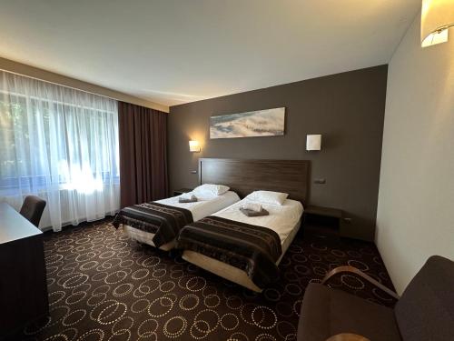 a hotel room with two beds and a window at Hotel Zimnik Luksus Natury Spa & Wellness in Szczyrk