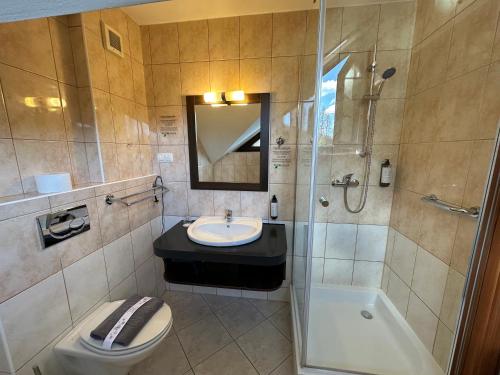 a bathroom with a toilet and a sink and a shower at Hotel Zimnik Luksus Natury Spa & Wellness in Szczyrk
